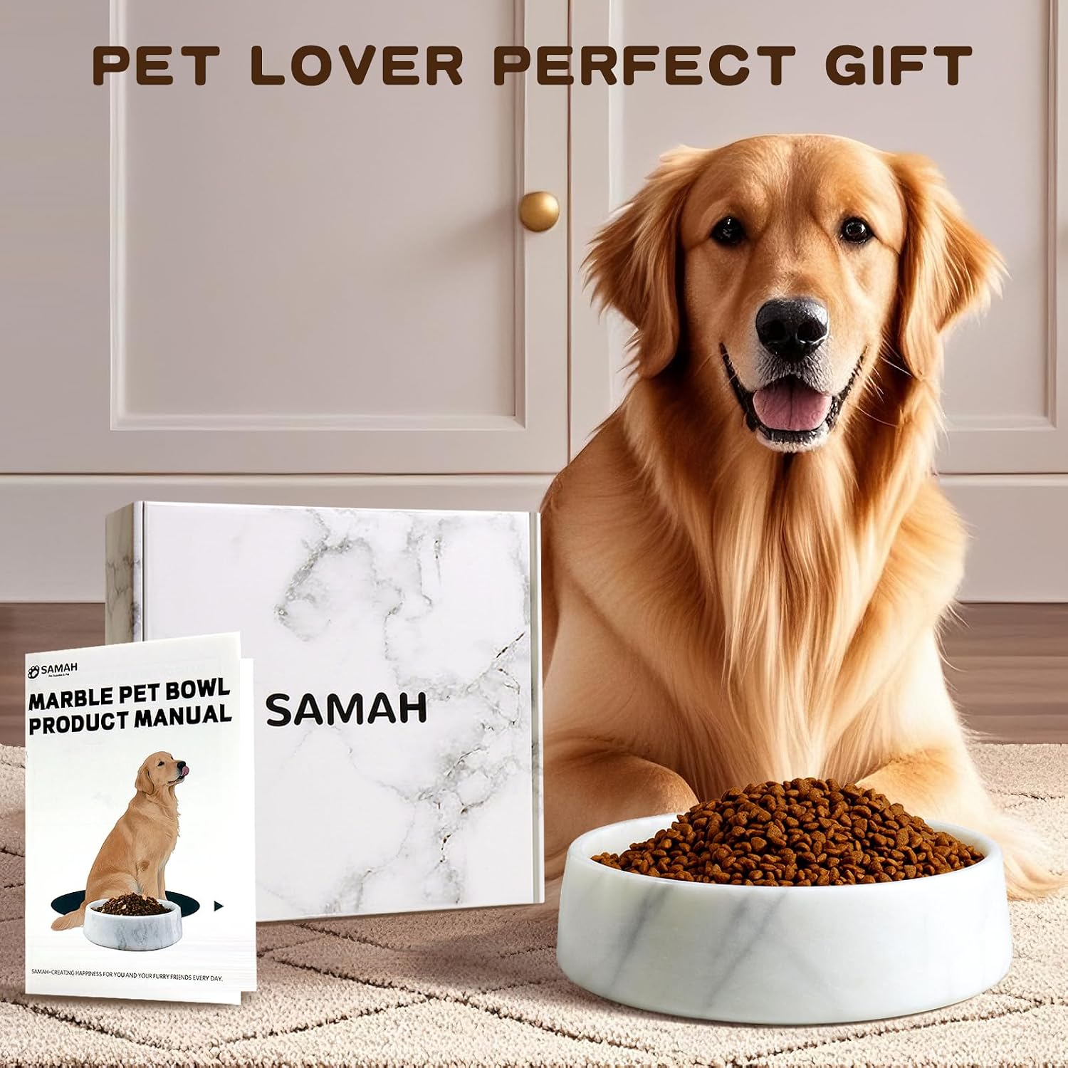 White marble dog bowl with weighted stone base, non-slip design for large dogs — view 3