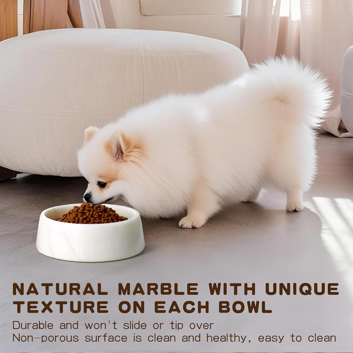 White marble dog bowl with weighted stone base, non-slip design for large dogs — view 4