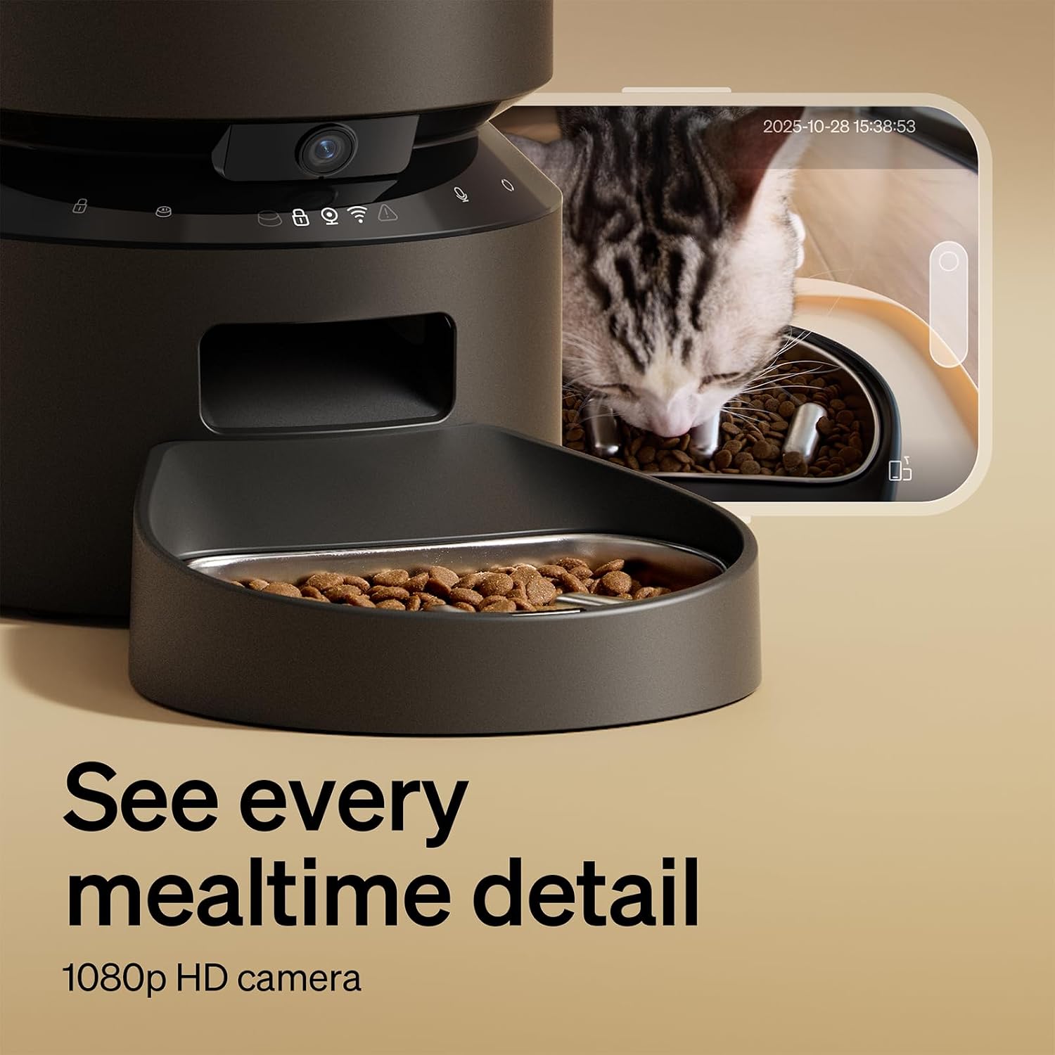 Stainless steel automatic dog feeder with built-in 1080P camera and night vision for remote feeding monitoring — front