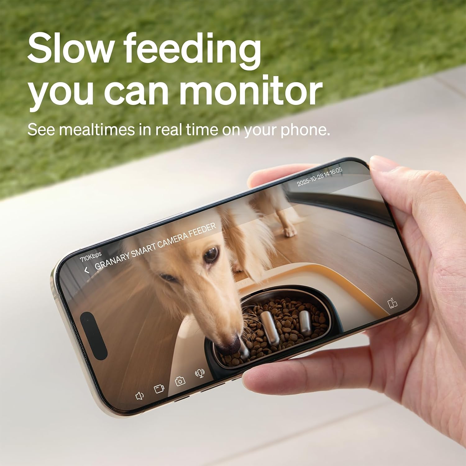 Stainless steel automatic dog feeder with built-in 1080P camera and night vision for remote feeding monitoring — view 3b