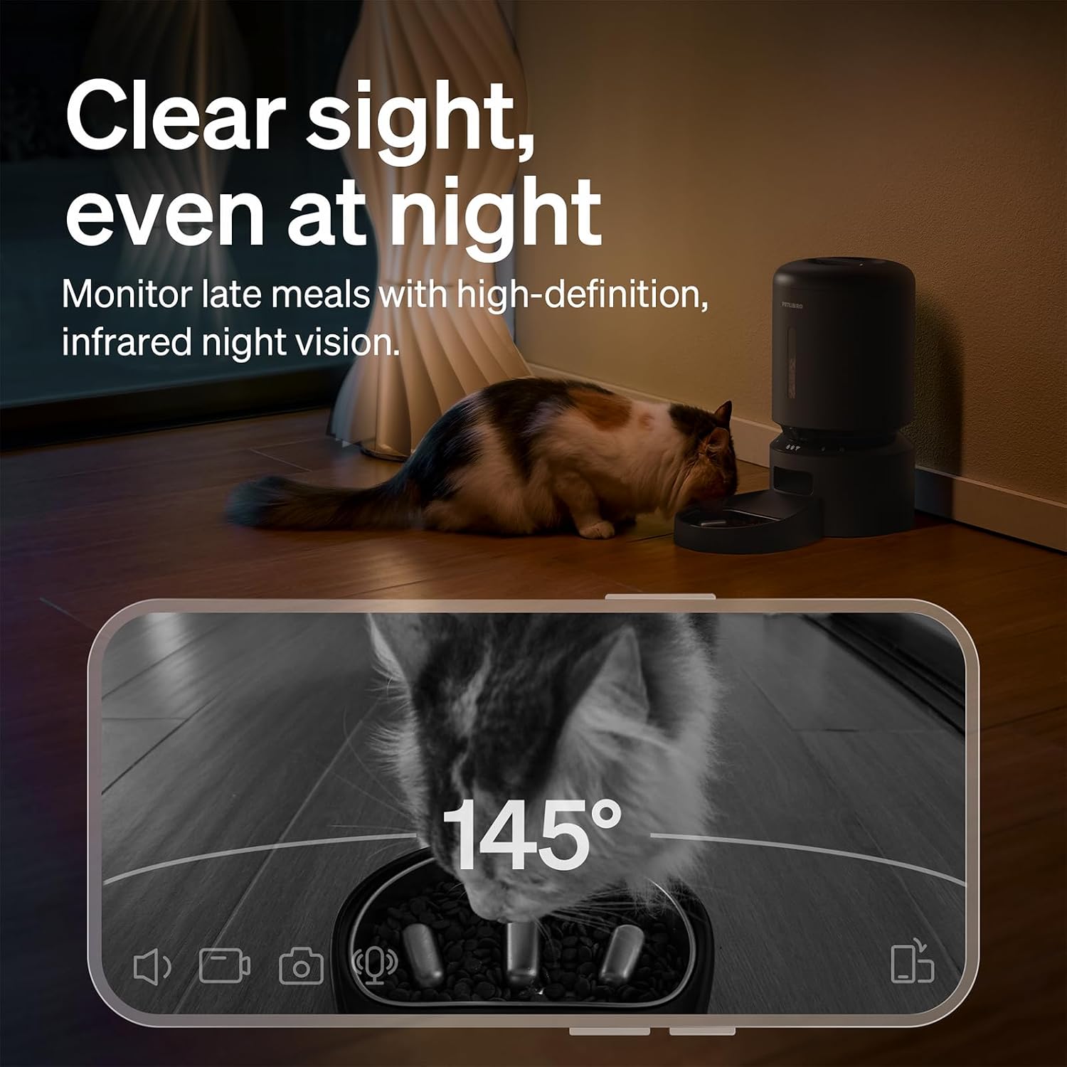Stainless steel automatic dog feeder with built-in 1080P camera and night vision for remote feeding monitoring — view 4