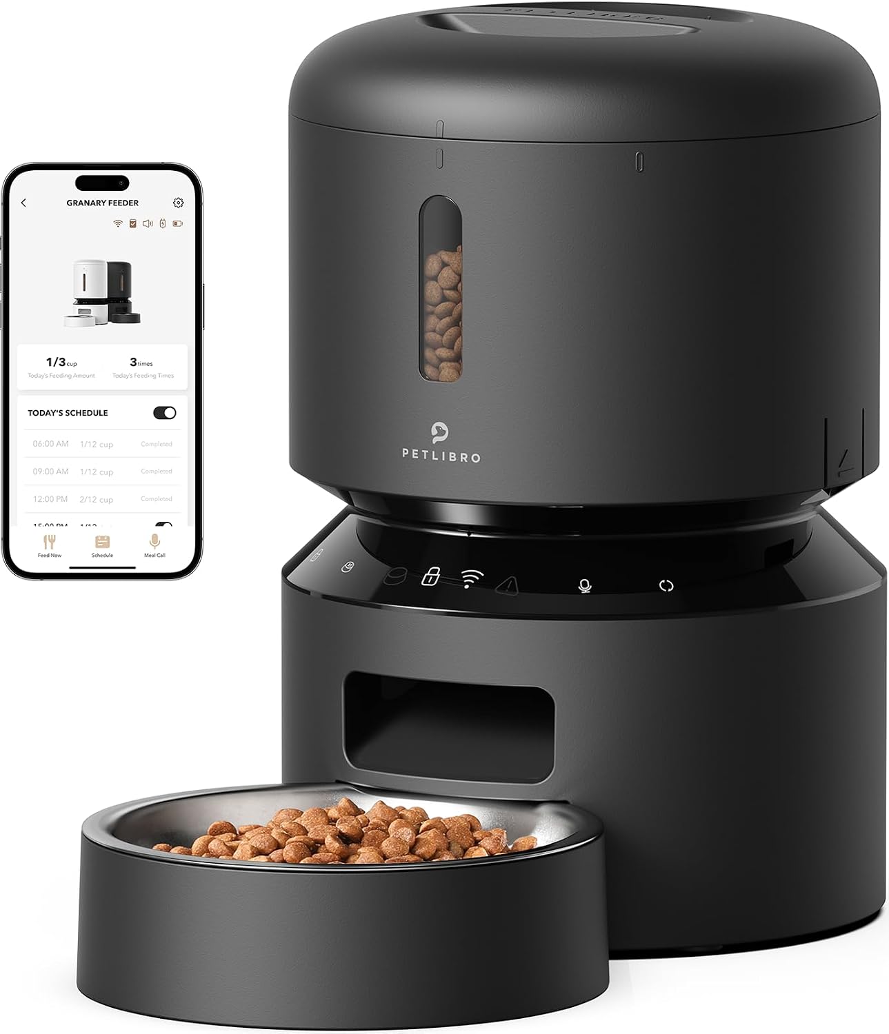 Stainless steel automatic dog feeder with built-in 1080P camera and night vision for remote feeding monitoring — detail