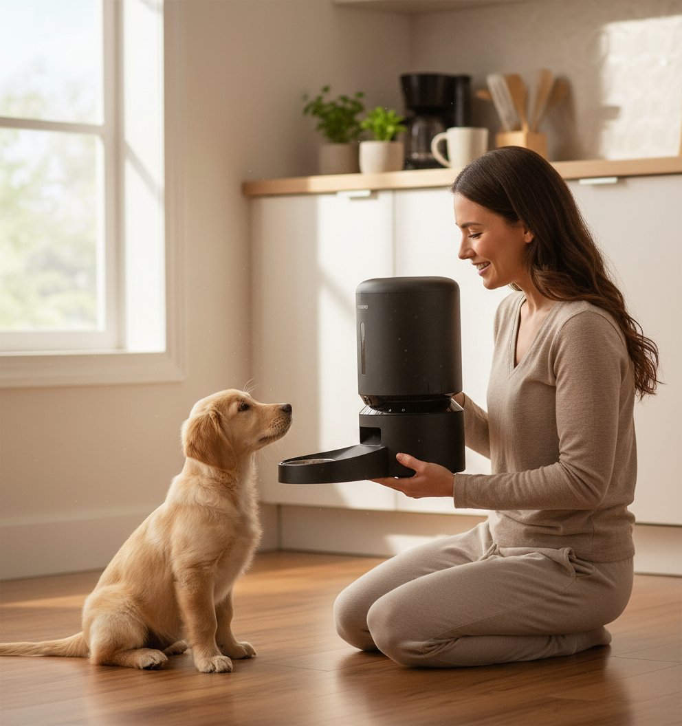 Stainless steel automatic dog feeder with built-in 1080P camera and night vision for remote feeding monitoring — view 2