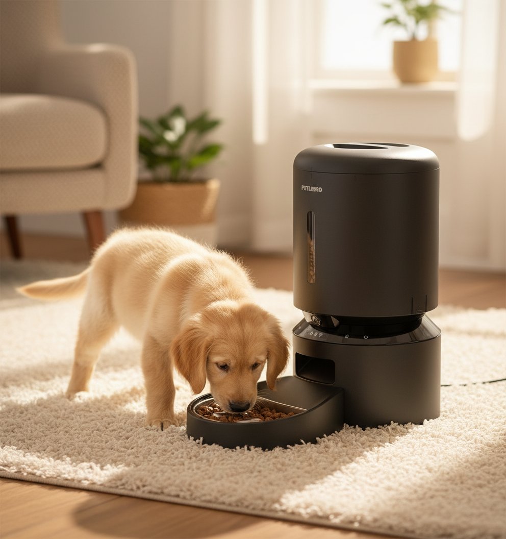 Stainless steel automatic dog feeder with built-in 1080P camera and night vision for remote feeding monitoring — view 3a