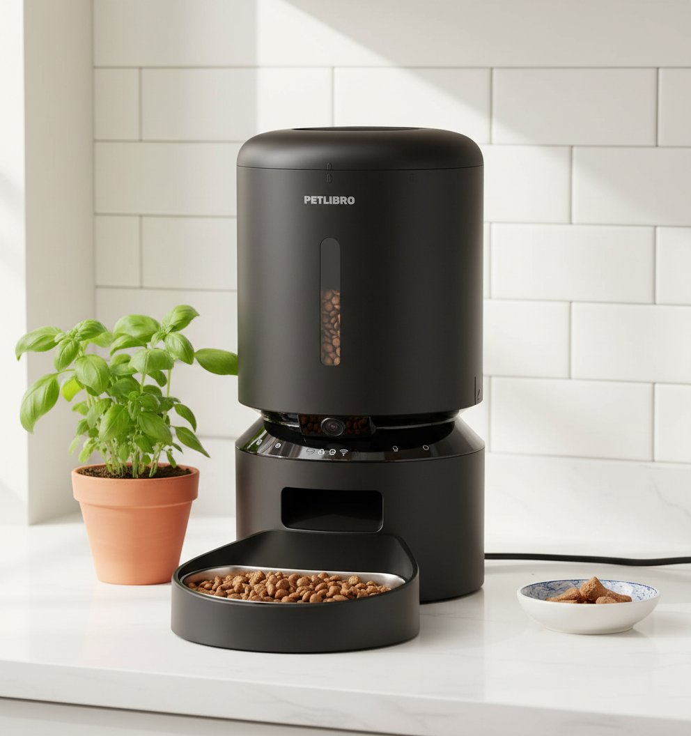 Stainless steel automatic dog feeder with built-in 1080P camera and night vision for remote feeding monitoring — view 5a