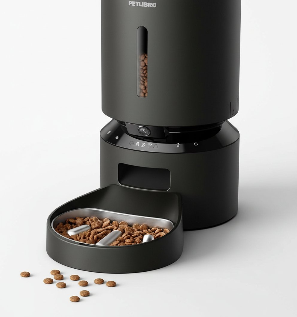 Stainless steel automatic dog feeder with built-in 1080P camera and night vision for remote feeding monitoring — view 5b