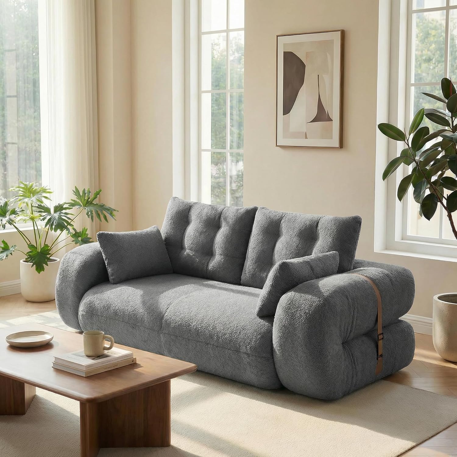 Grey teddy fabric 3-in-1 convertible floor sofa bed for dogs with foam cushioning and pillows — view 1