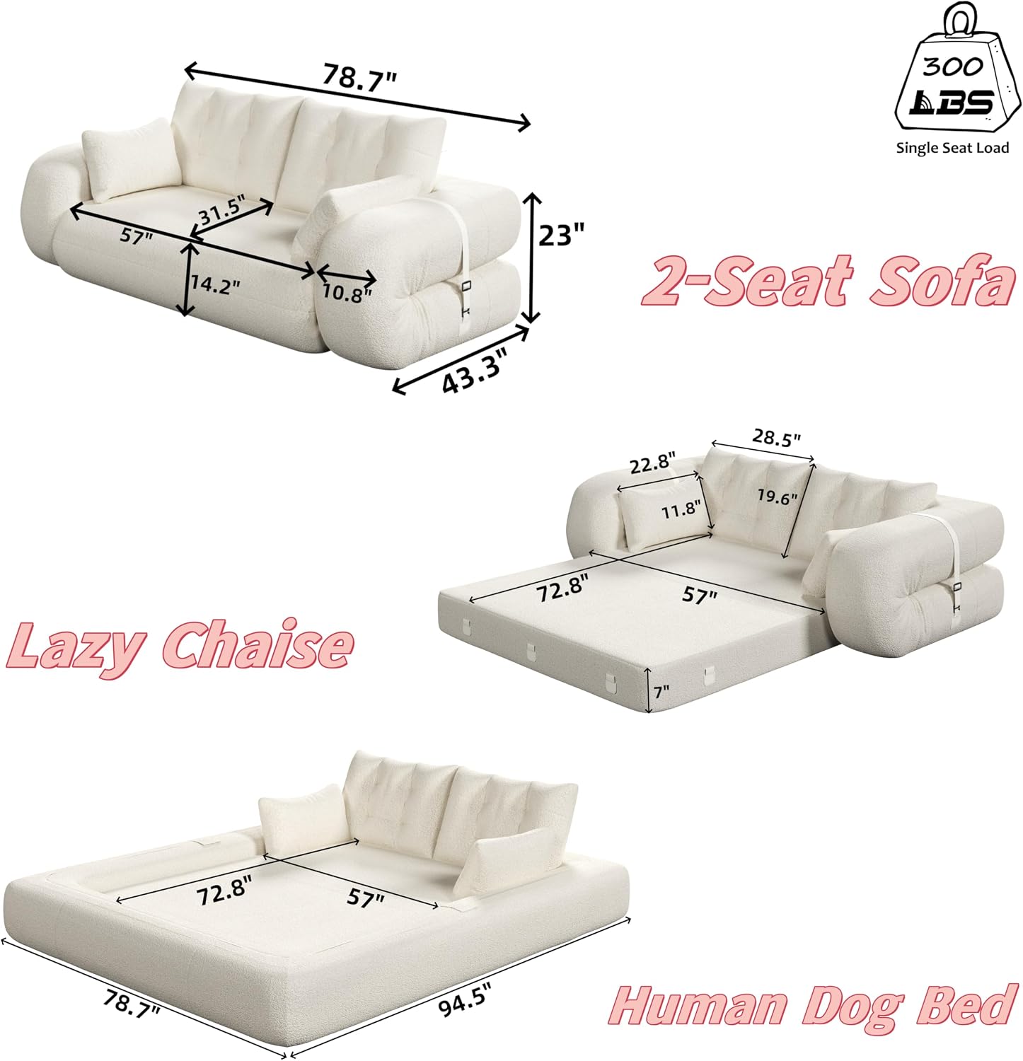 Grey teddy fabric 3-in-1 convertible floor sofa bed for dogs with foam cushioning and pillows — view 2