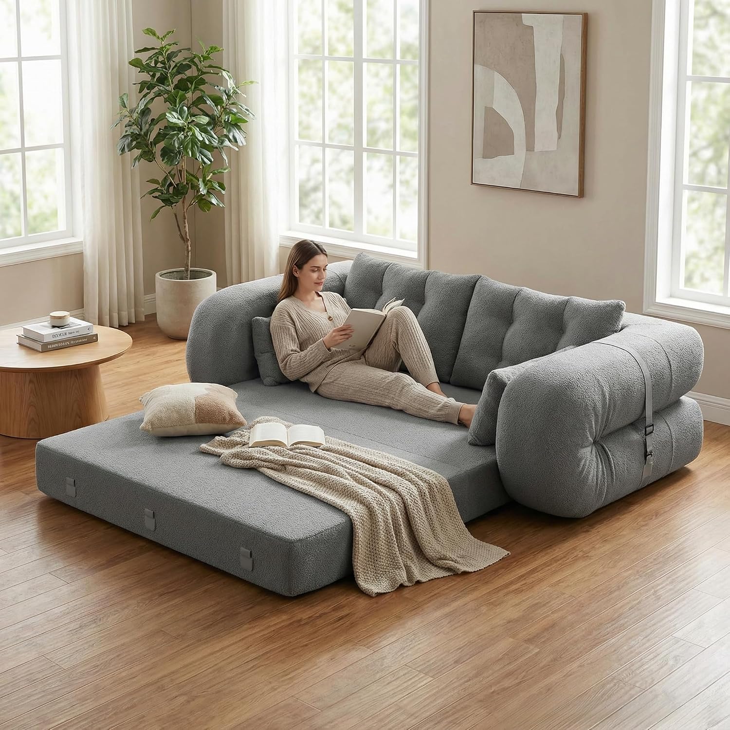 Grey teddy fabric 3-in-1 convertible floor sofa bed for dogs with foam cushioning and pillows — view 4