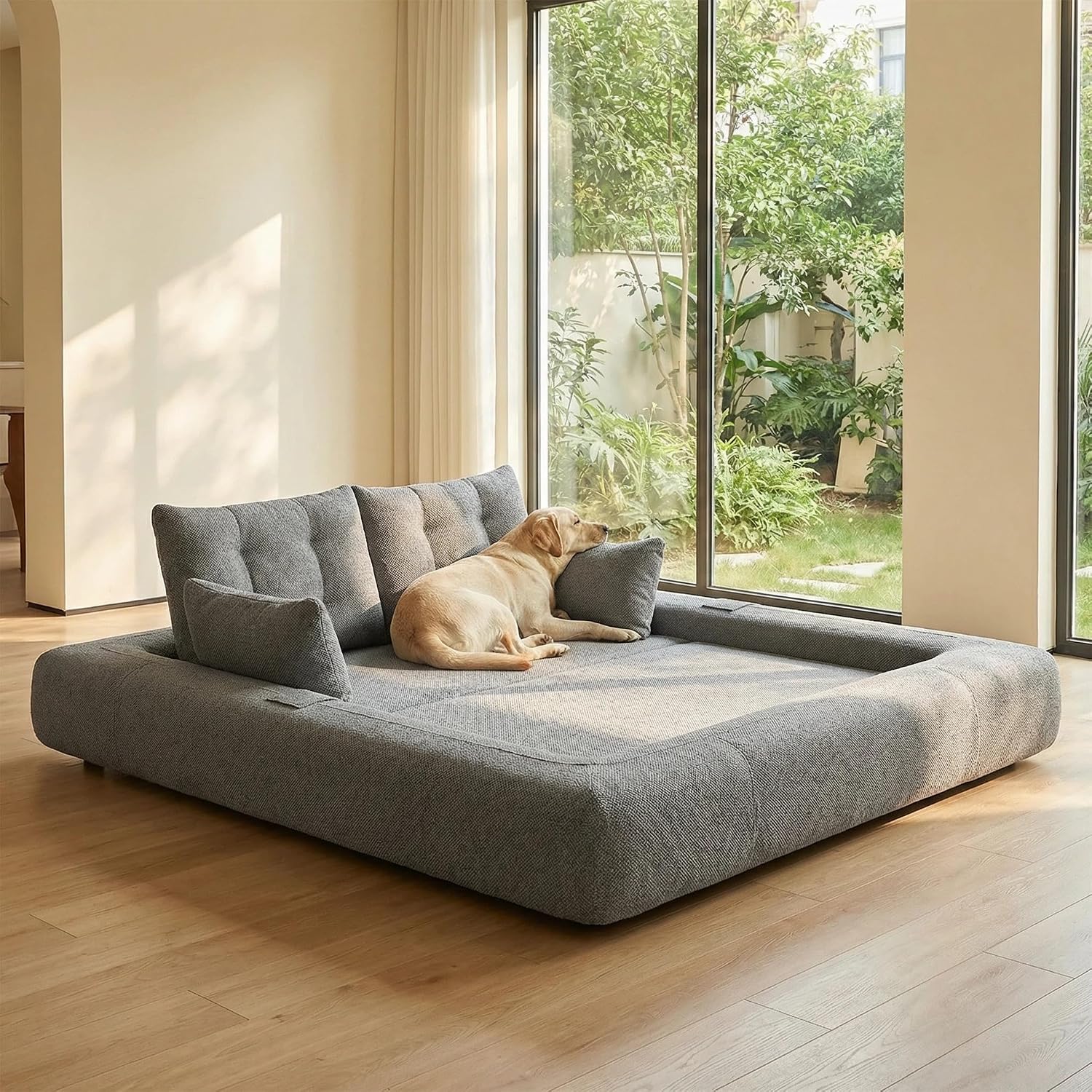 Grey teddy fabric 3-in-1 convertible floor sofa bed for dogs with foam cushioning and pillows — view 2