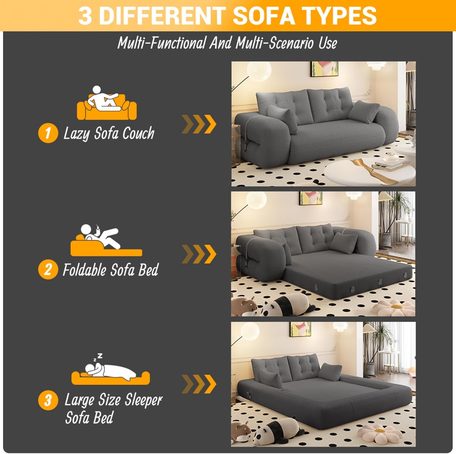 Grey teddy fabric 3-in-1 convertible floor sofa bed for dogs with foam cushioning and pillows — view 3