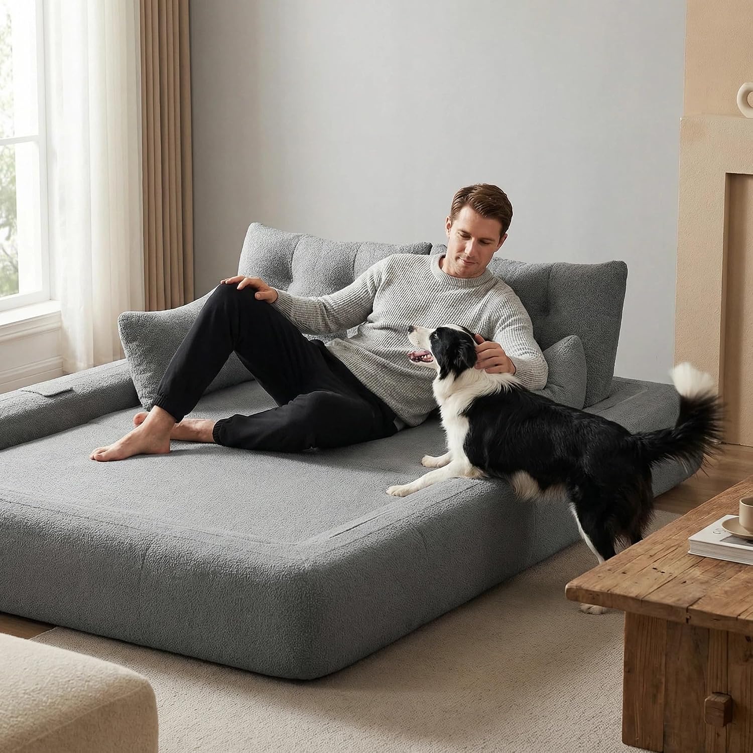 Grey teddy fabric 3-in-1 convertible floor sofa bed for dogs with foam cushioning and pillows — view 5
