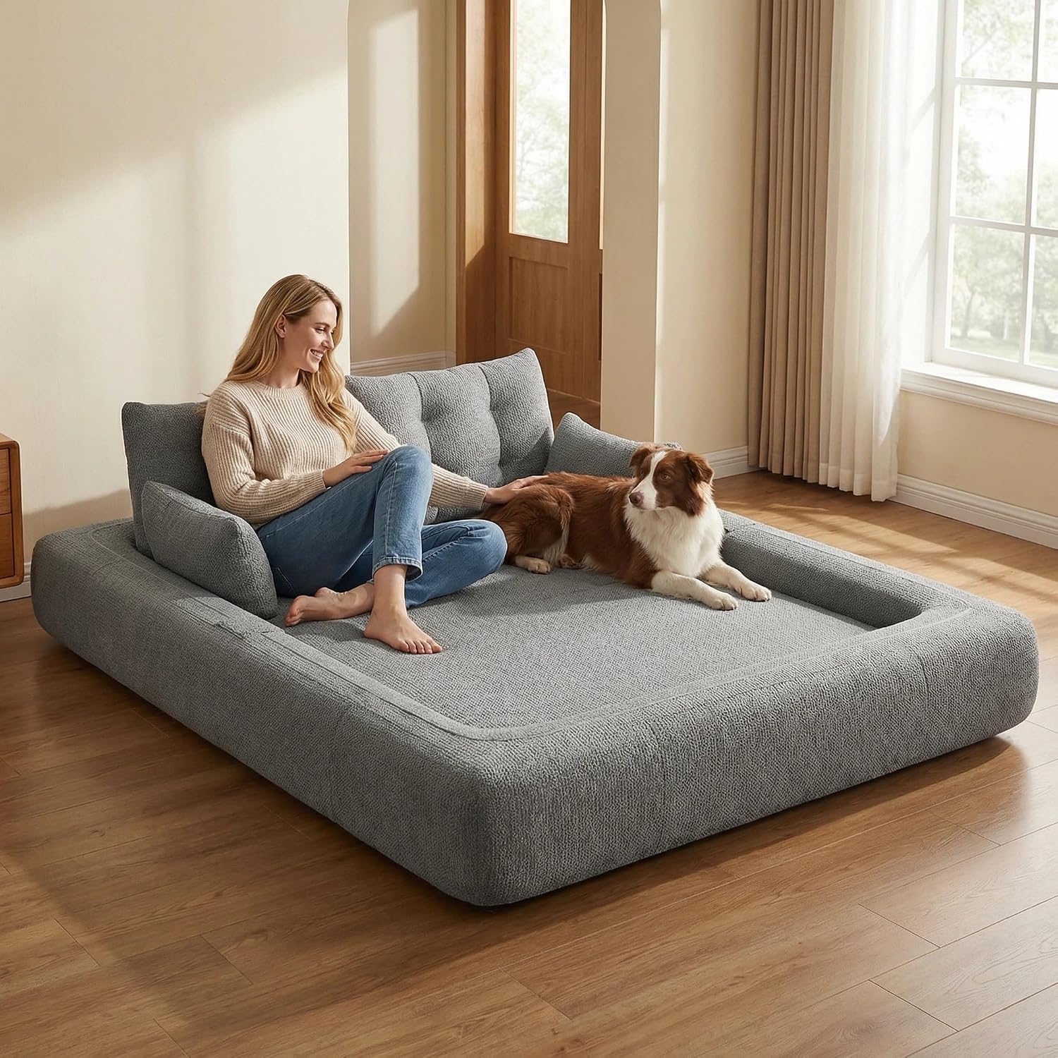 Grey teddy fabric 3-in-1 convertible floor sofa bed for dogs with foam cushioning and pillows — view 6