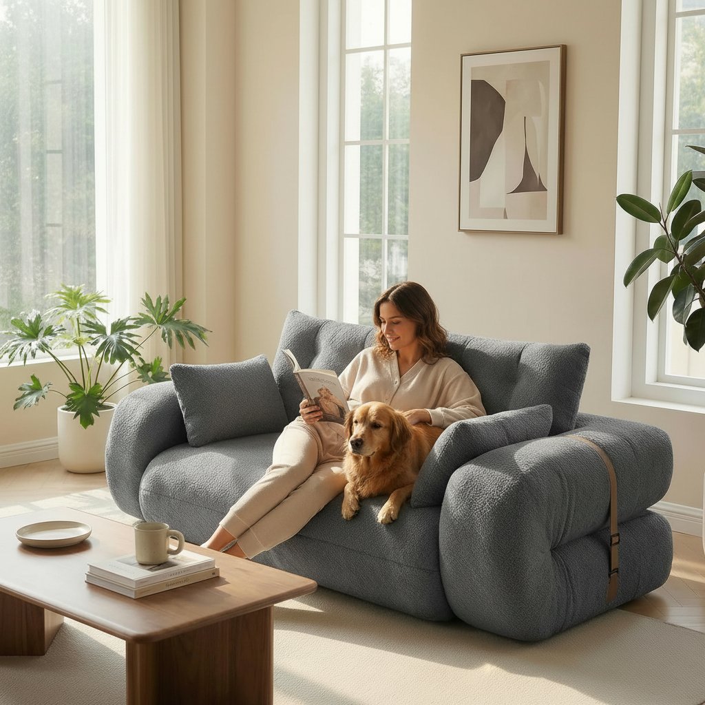 Grey teddy fabric 3-in-1 convertible floor sofa bed for dogs with foam cushioning and pillows — view 1