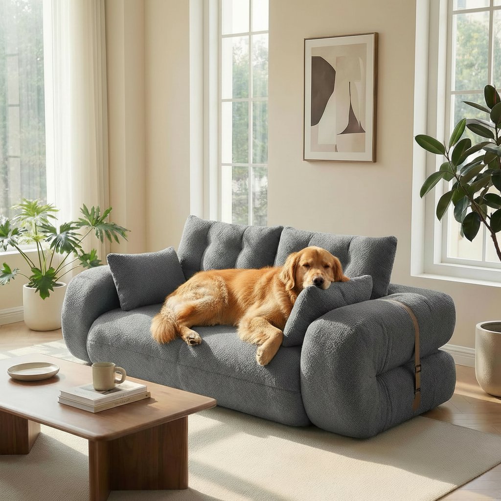 Grey teddy fabric 3-in-1 convertible floor sofa bed for dogs with foam cushioning and pillows — view 3a