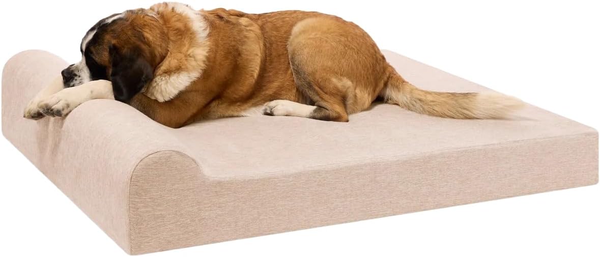 Driftwood linen orthopedic dog bed with 7-inch memory foam pillow top and headrest for senior dogs with arthritis โ view 1
