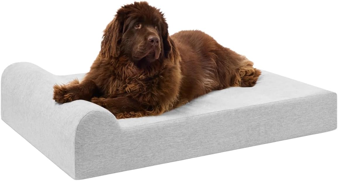 Driftwood linen orthopedic dog bed with 7-inch memory foam pillow top and headrest for senior dogs with arthritis โ view 3