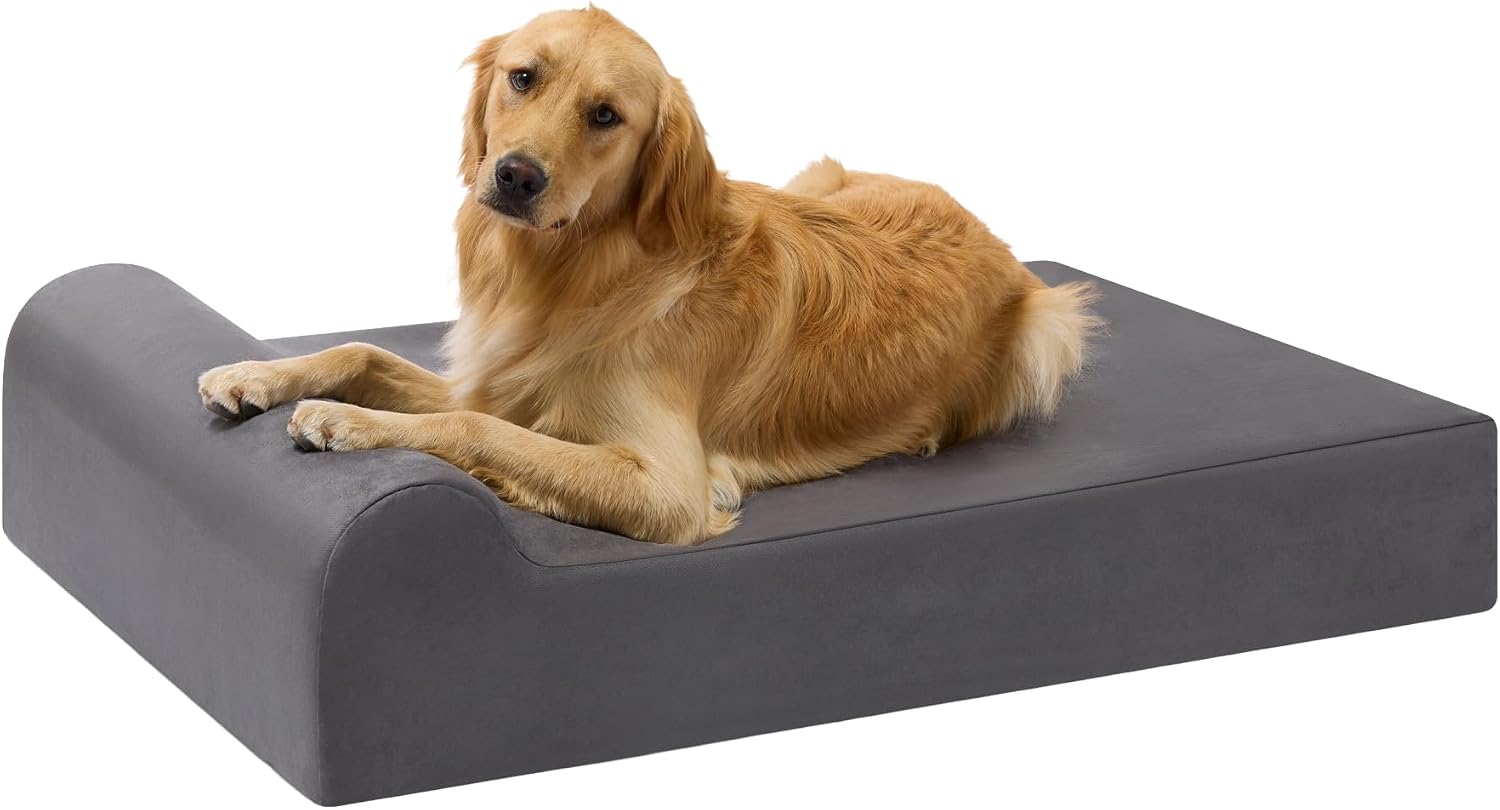 Driftwood linen orthopedic dog bed with 7-inch memory foam pillow top and headrest for senior dogs with arthritis โ view 4