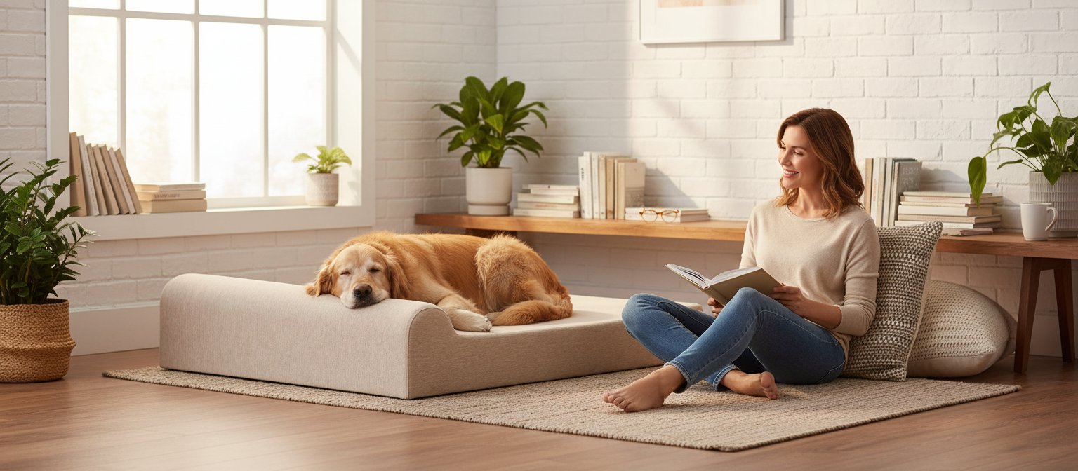 Driftwood linen orthopedic dog bed with 7-inch memory foam pillow top and headrest for senior dogs with arthritis — view 1