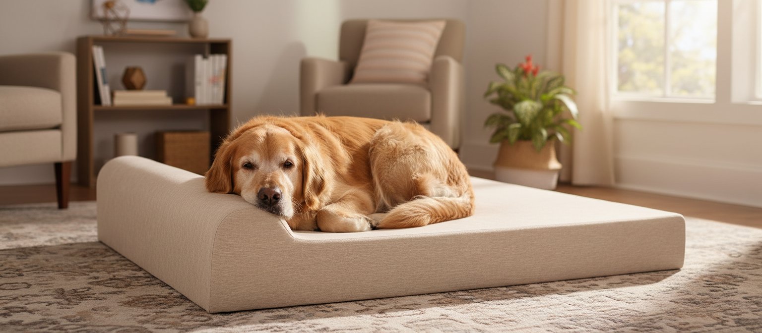 Driftwood linen orthopedic dog bed with 7-inch memory foam pillow top and headrest for senior dogs with arthritis — view 3a