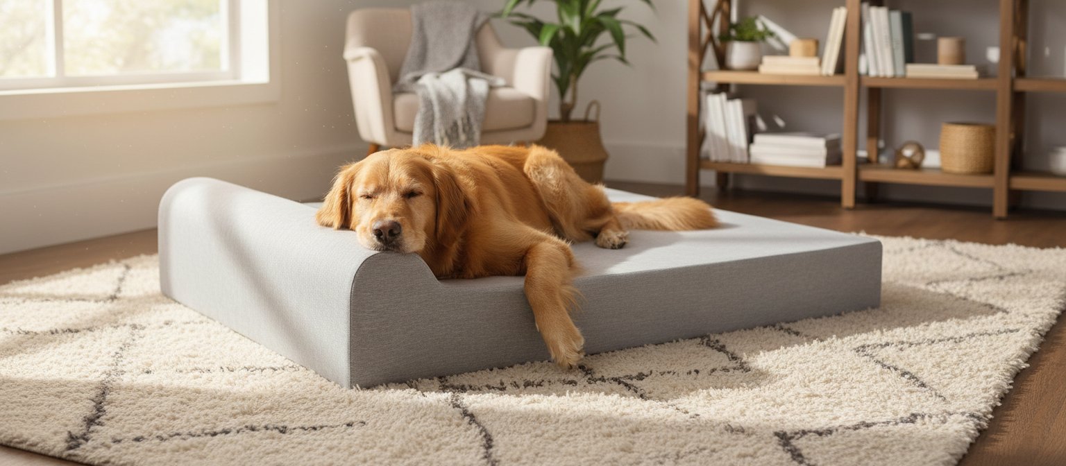 Stormcloud linen orthopedic memory foam dog bed with pillow top headrest for large senior dogs with arthritis โ view 3a
