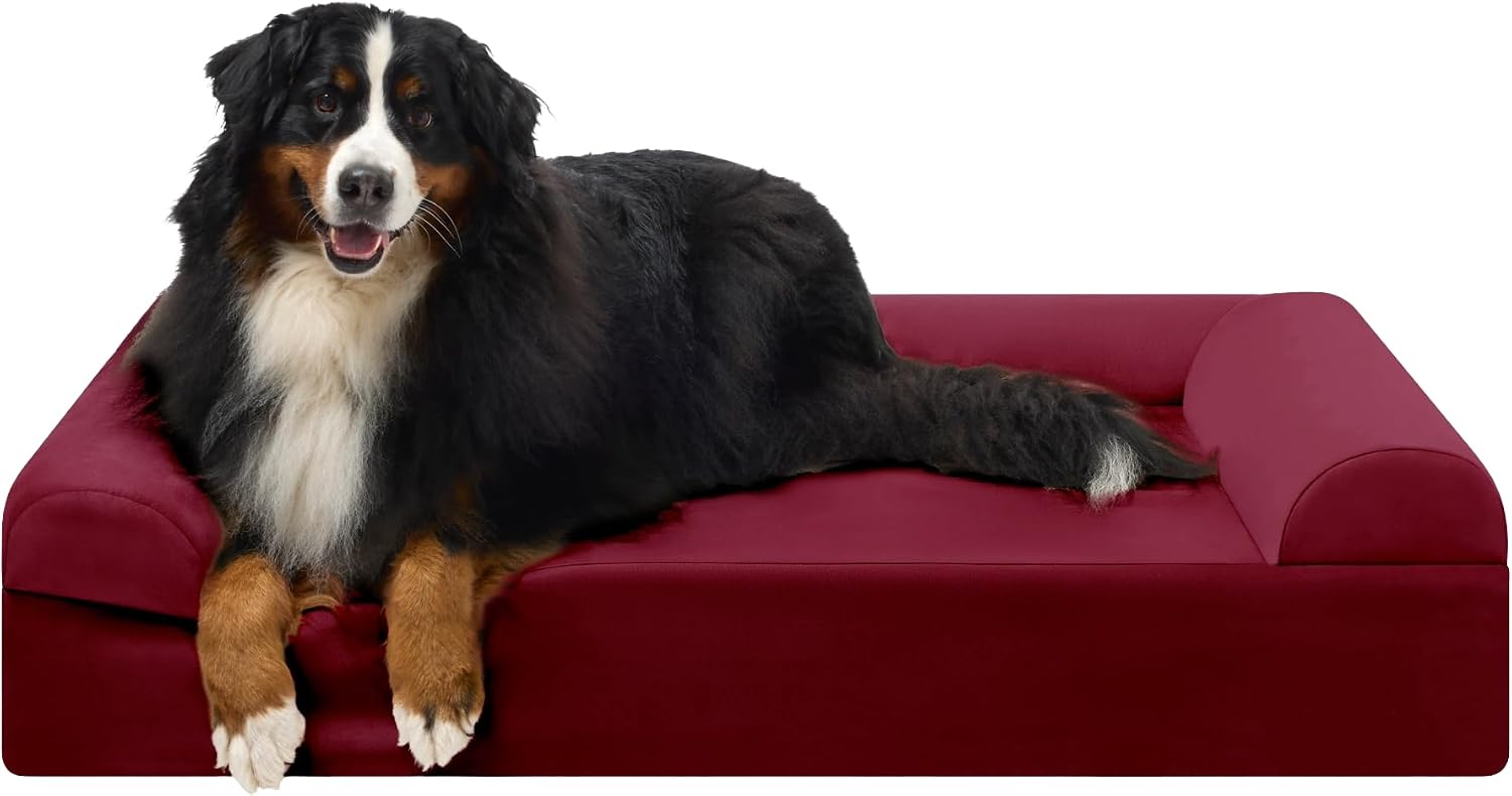 Driftwood linen orthopedic dog sofa bed with 7-inch foam and 3-sided bolster for large dogs with arthritis relief — back