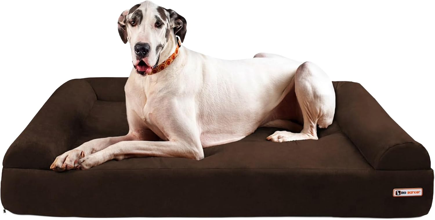 Driftwood linen orthopedic dog sofa bed with 7-inch foam and 3-sided bolster for large dogs with arthritis relief — detail