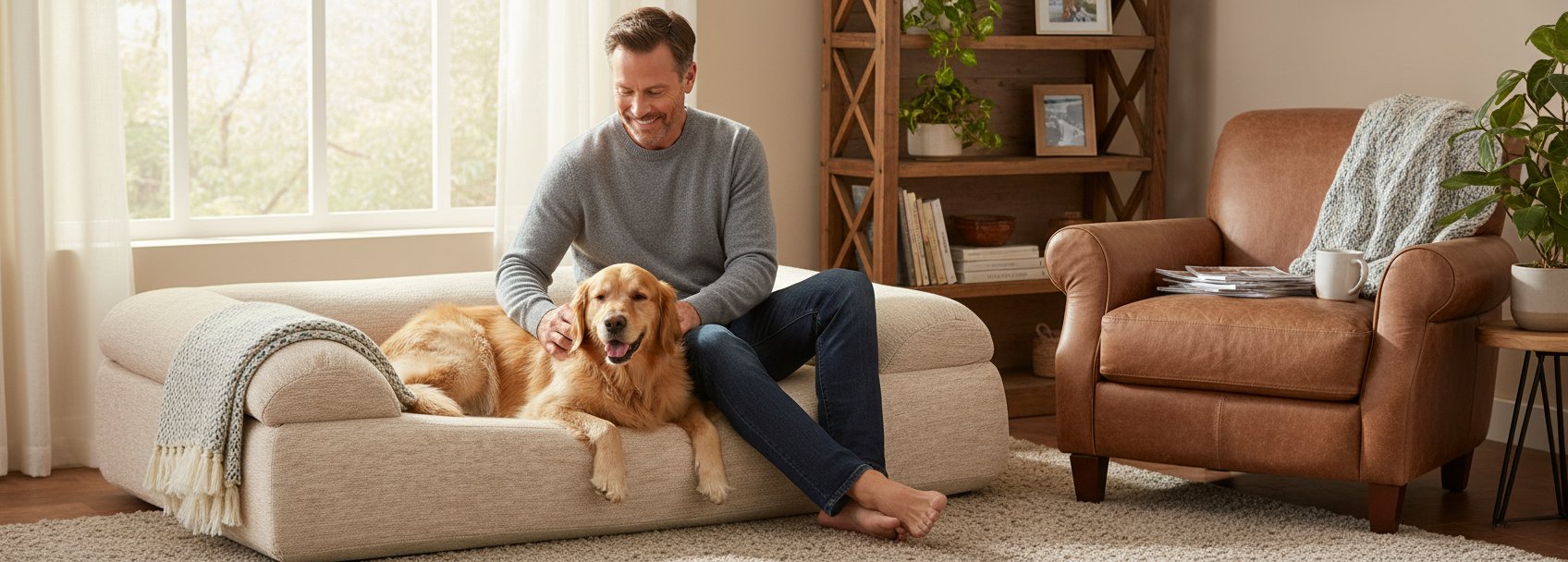 Driftwood linen orthopedic dog sofa bed with 7-inch foam and 3-sided bolster for large dogs with arthritis relief — view 1