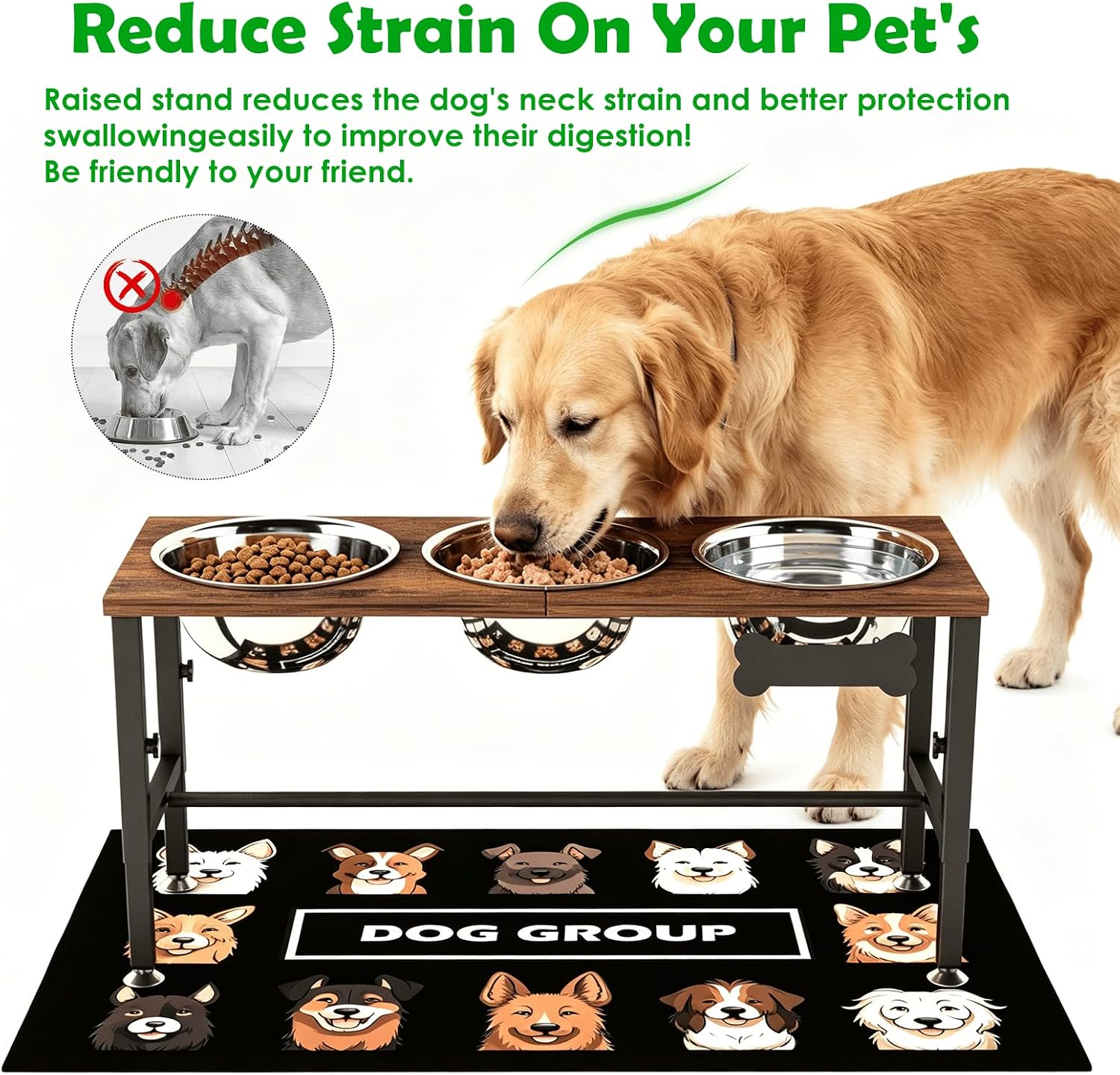 Wooden elevated dog bowl stand with three stainless steel bowls in natural finish, adjustable height design for ergonomic feeding — view 3b