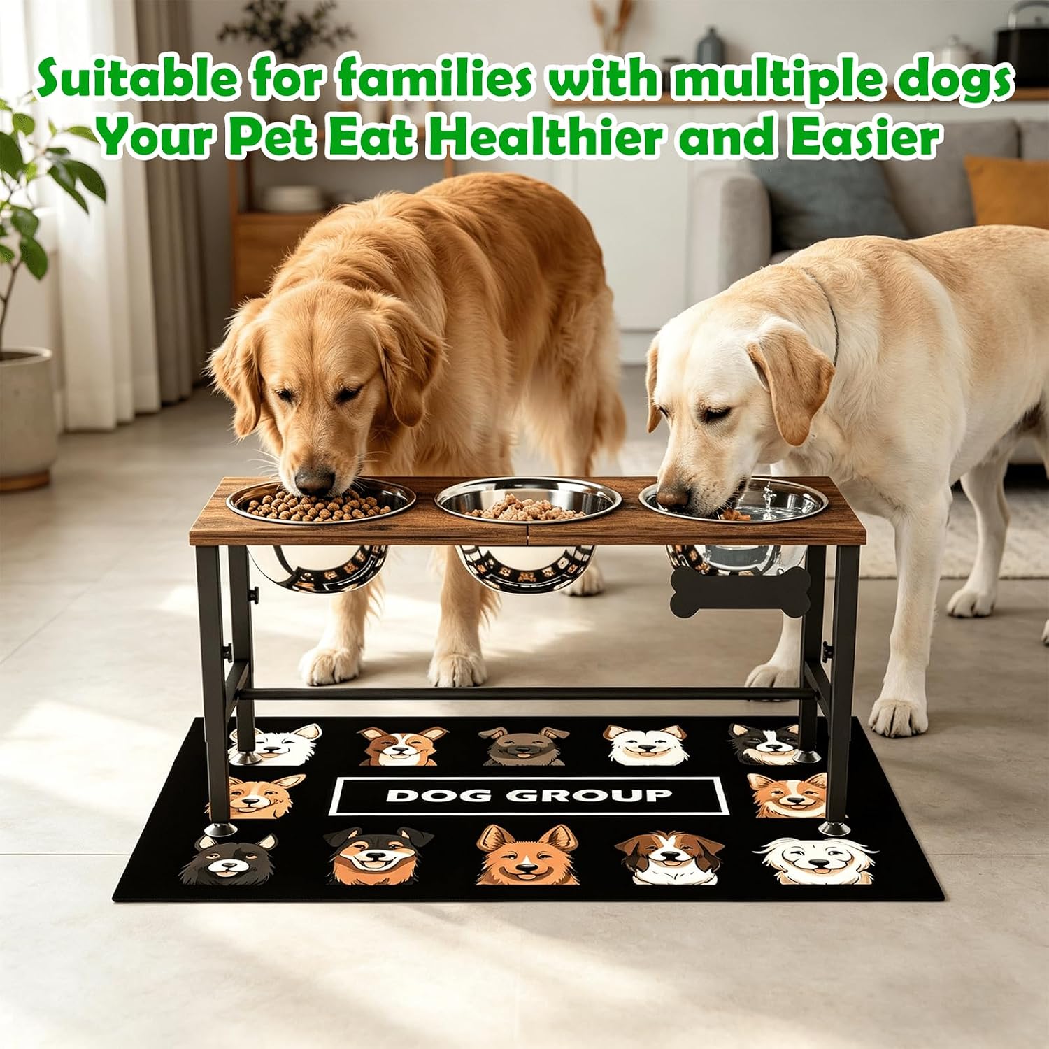 Wooden elevated dog bowl stand with three stainless steel bowls in natural finish, adjustable height design for ergonomic feeding — view 4