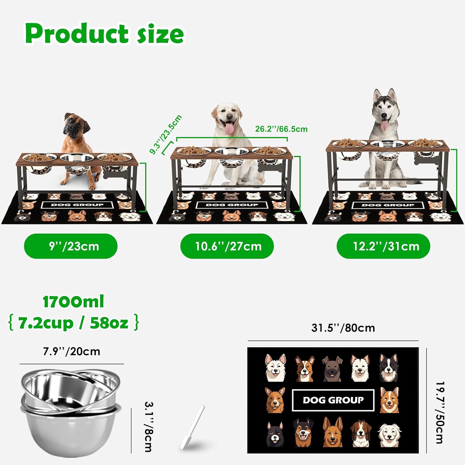 Wooden elevated dog bowl stand with three stainless steel bowls in natural finish, adjustable height design for ergonomic feeding — view 5a