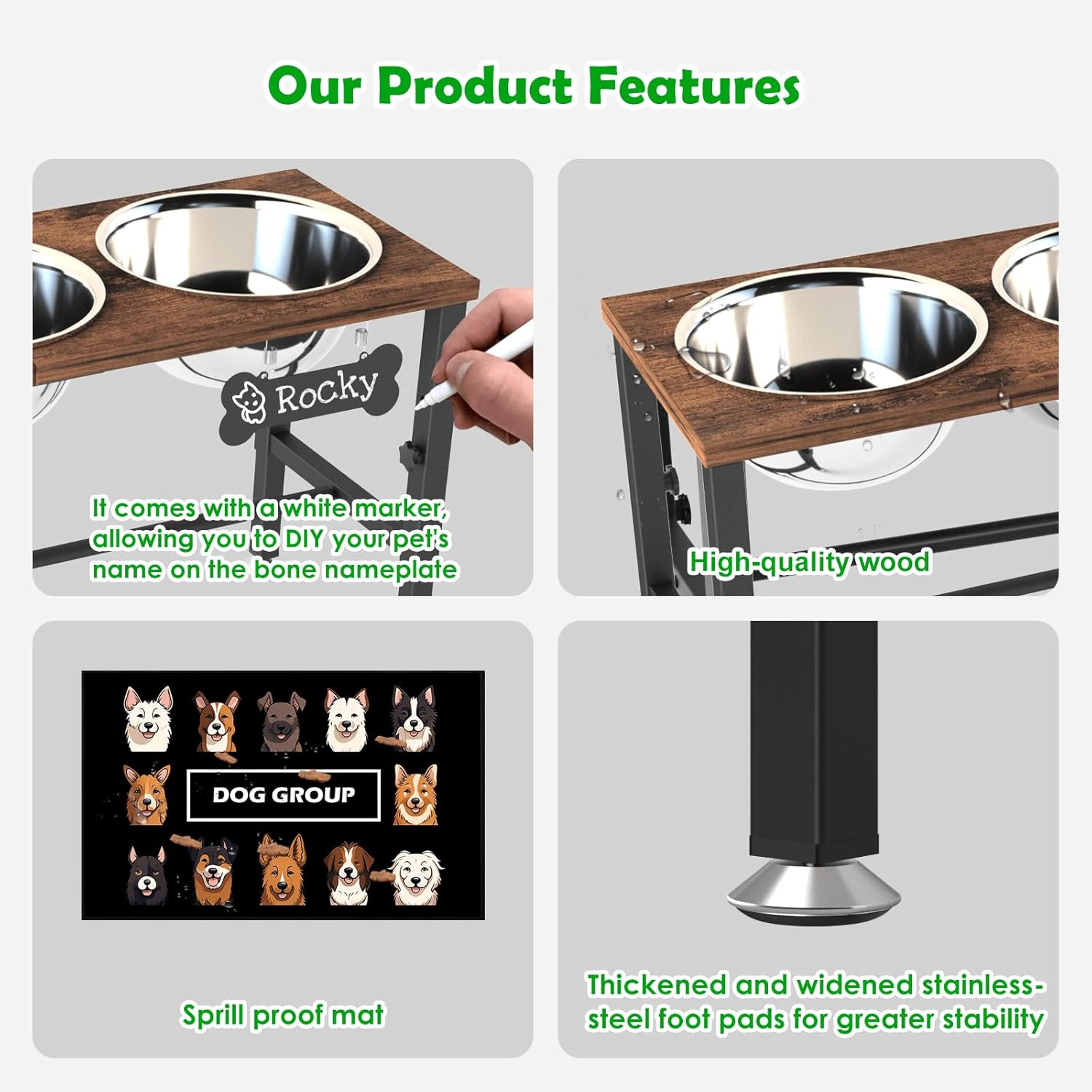 Wooden elevated dog bowl stand with three stainless steel bowls in natural finish, adjustable height design for ergonomic feeding — view 5b