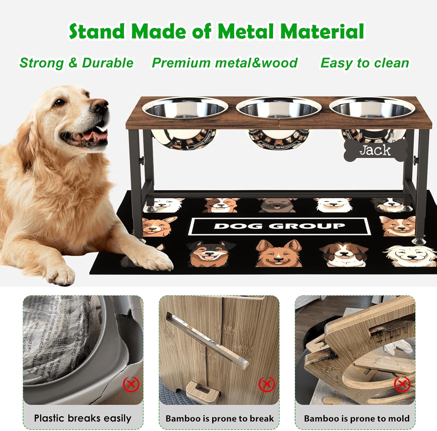 Wooden elevated dog bowl stand with three stainless steel bowls in natural finish, adjustable height design for ergonomic feeding — view 6