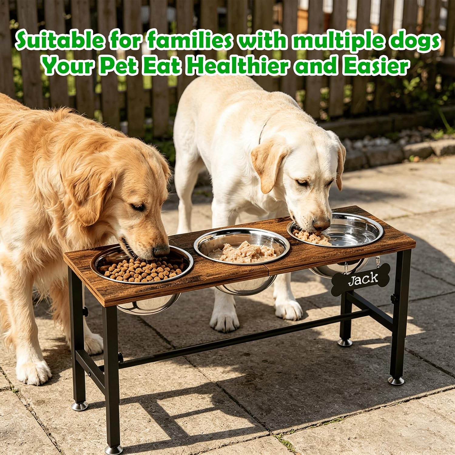Wooden elevated dog bowl stand with three stainless steel bowls in natural finish, adjustable height design for ergonomic feeding — side