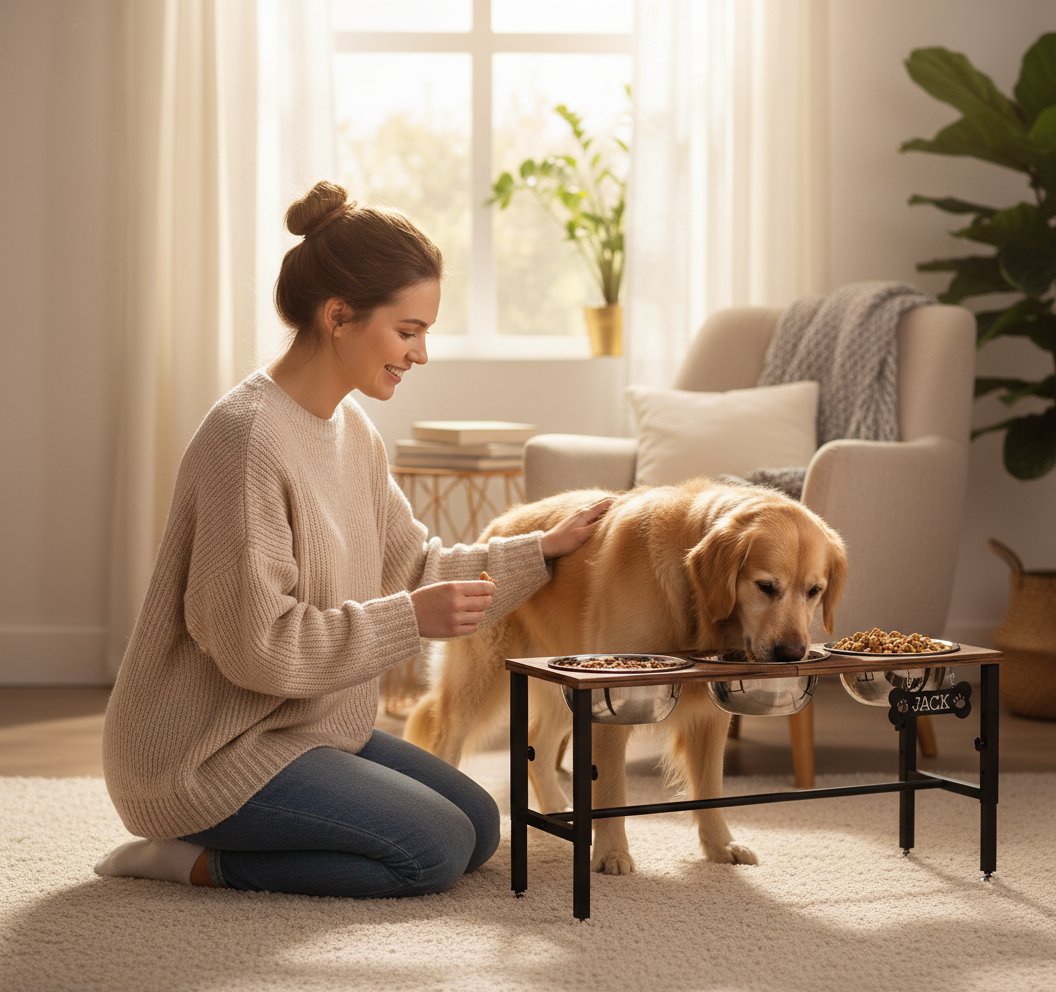 Wooden elevated dog bowl stand with three stainless steel bowls in natural finish, adjustable height design for ergonomic feeding — view 1