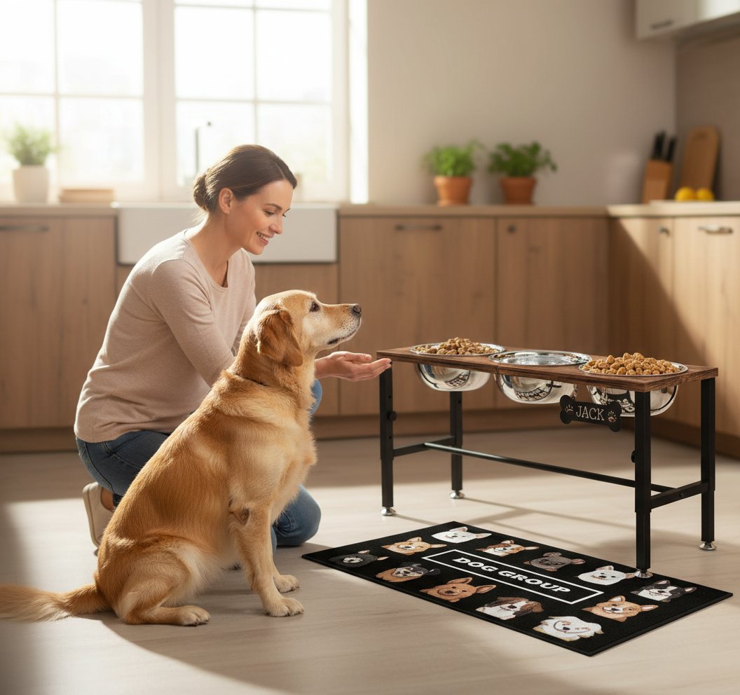 Wooden elevated dog bowl stand with three stainless steel bowls in natural finish, adjustable height design for ergonomic feeding — view 2