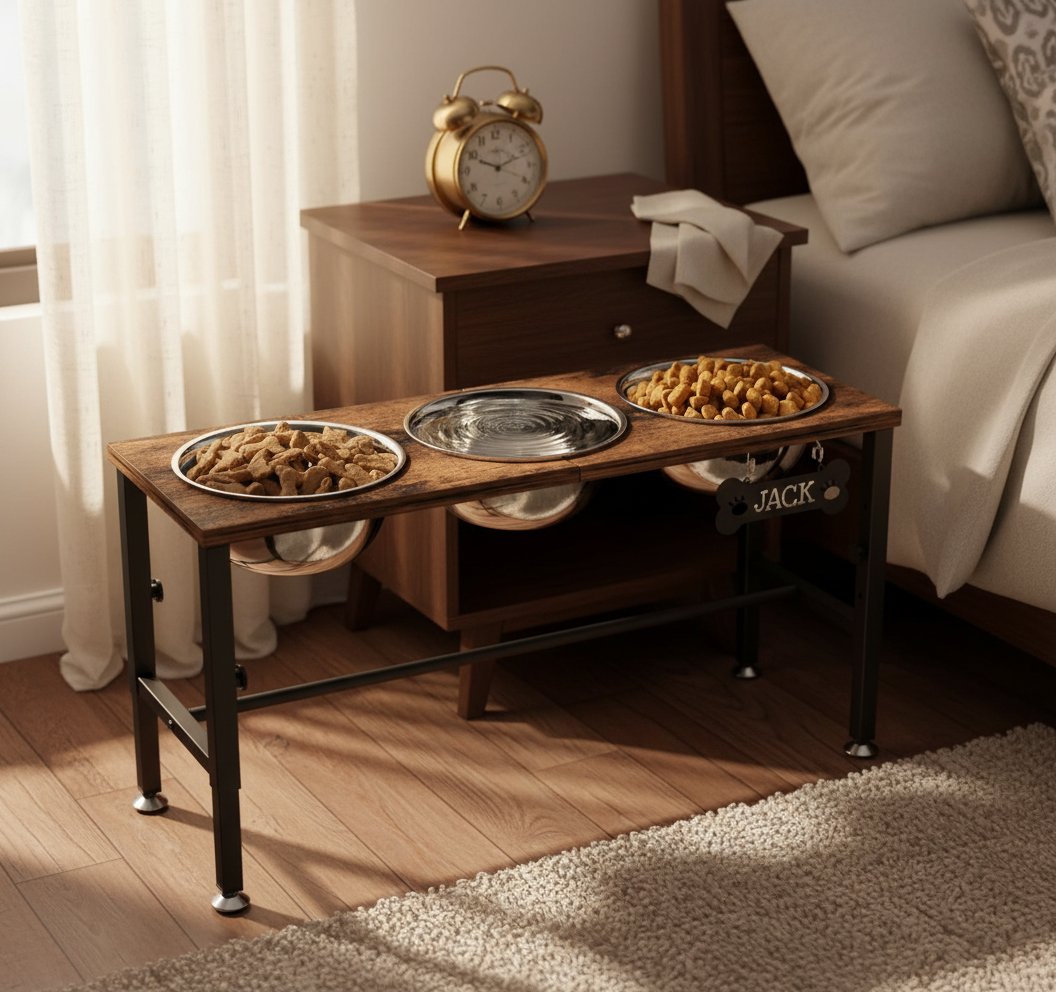 Wooden elevated dog bowl stand with three stainless steel bowls in natural finish, adjustable height design for ergonomic feeding — view 7a