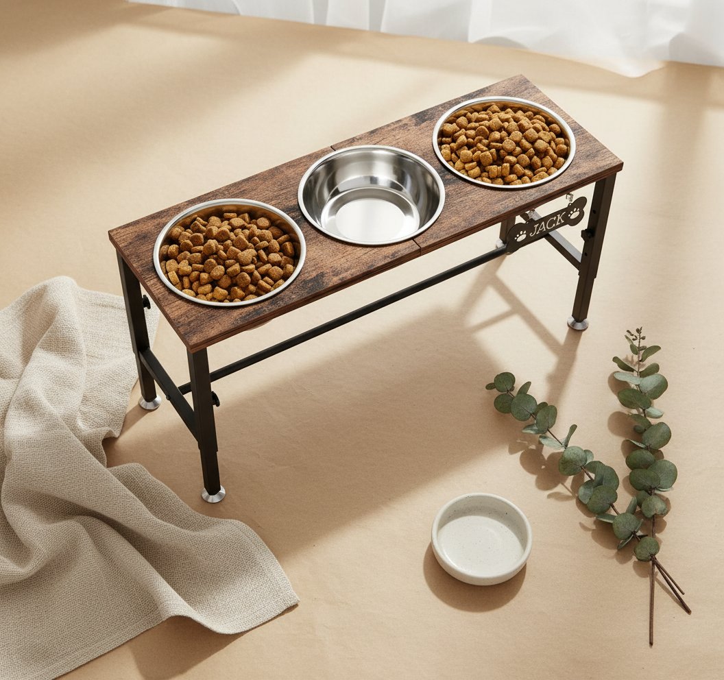 Wooden elevated dog bowl stand with three stainless steel bowls in natural finish, adjustable height design for ergonomic feeding — view 7b