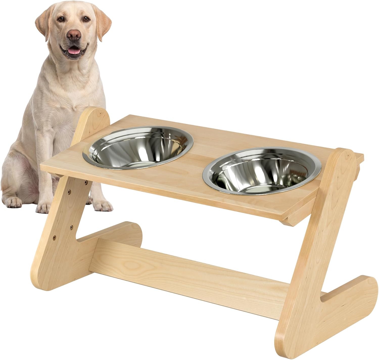 Birch wood elevated dog bowl stand with two stainless steel bowls, adjustable height, modern minimalist design for large dogs — front