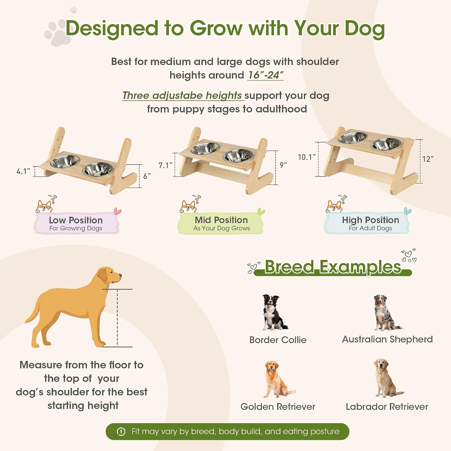 Birch wood elevated dog bowl stand with two stainless steel bowls, adjustable height, modern minimalist design for large dogs — view 3b