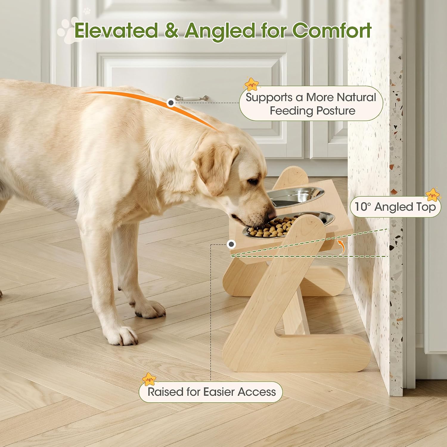 Birch wood elevated dog bowl stand with two stainless steel bowls, adjustable height, modern minimalist design for large dogs — view 4