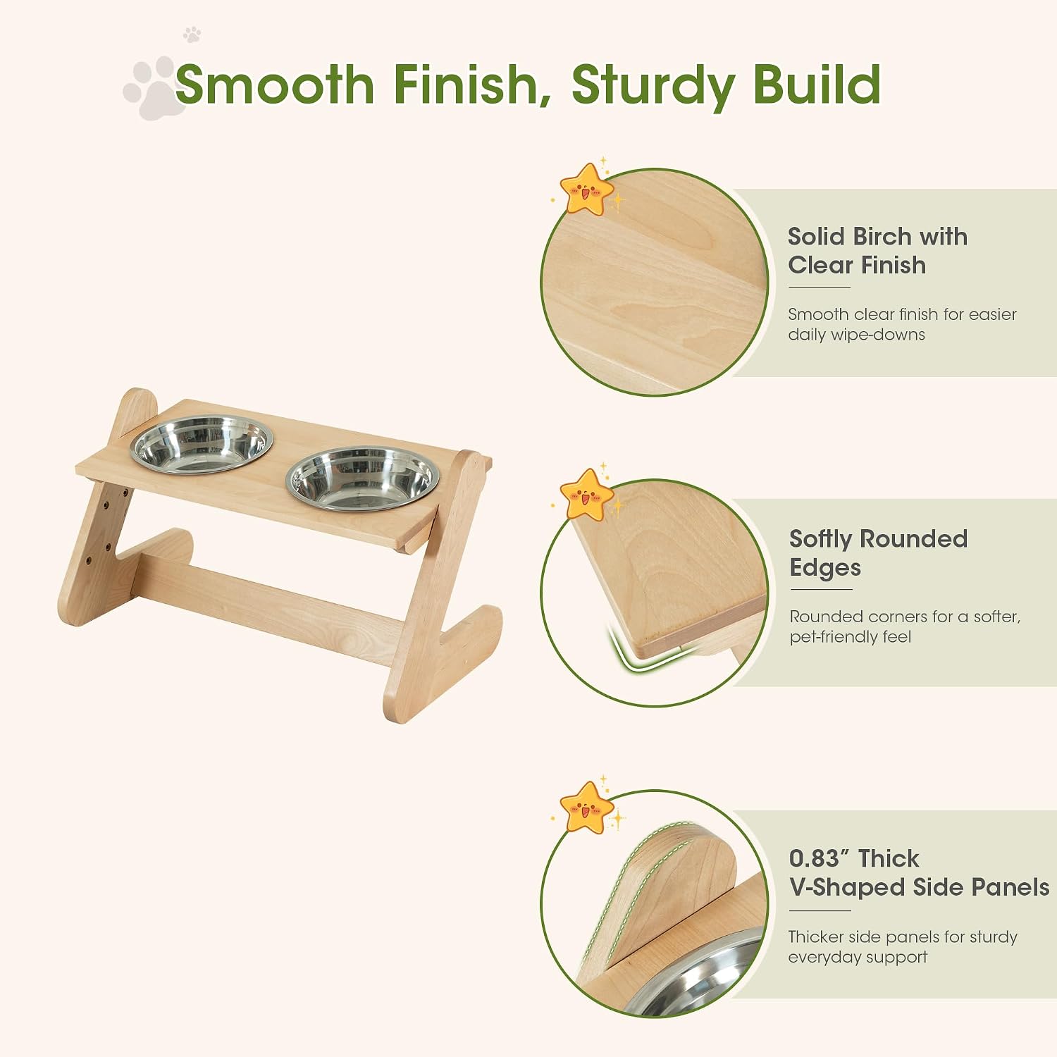 Birch wood elevated dog bowl stand with two stainless steel bowls, adjustable height, modern minimalist design for large dogs — view 5a