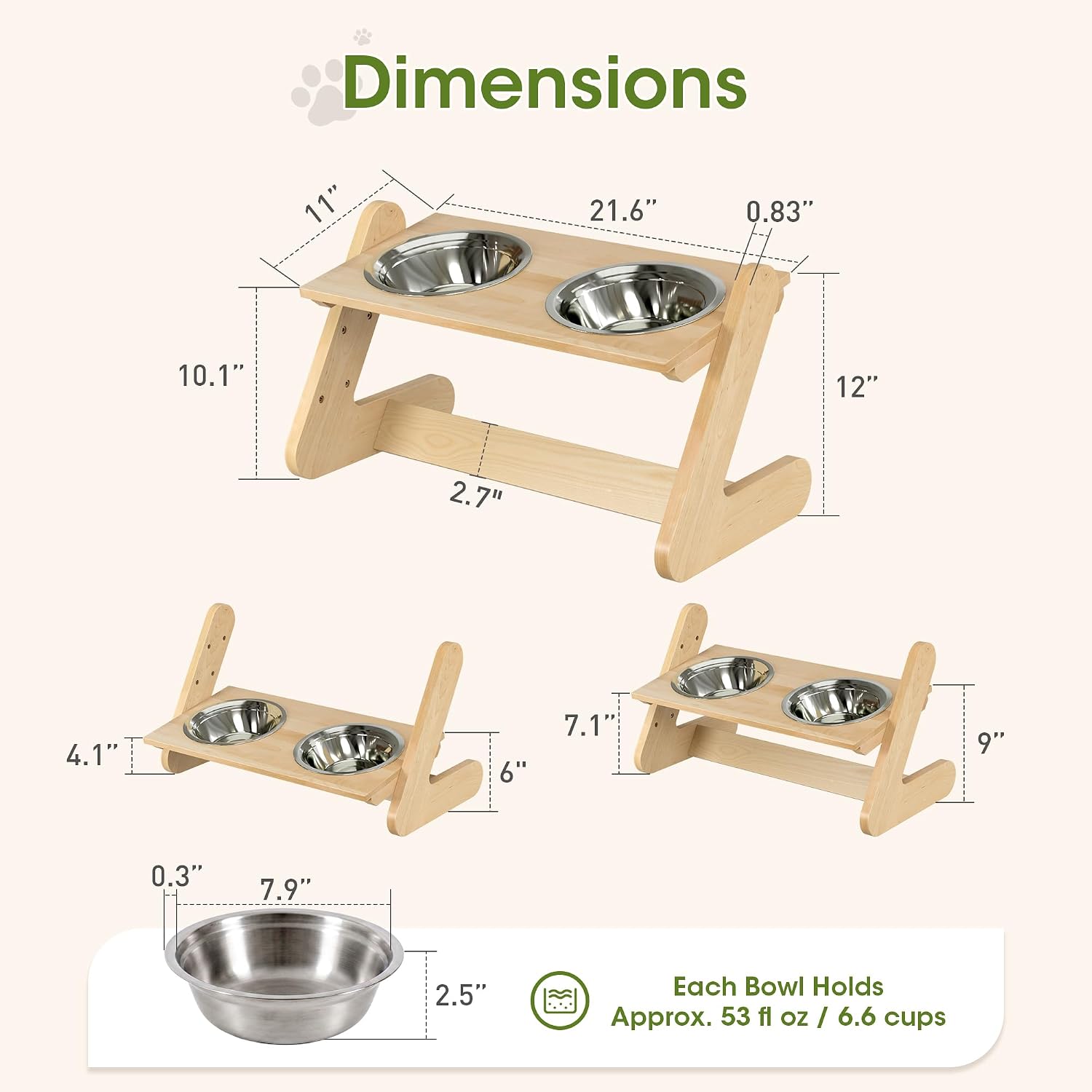 Birch wood elevated dog bowl stand with two stainless steel bowls, adjustable height, modern minimalist design for large dogs — view 6
