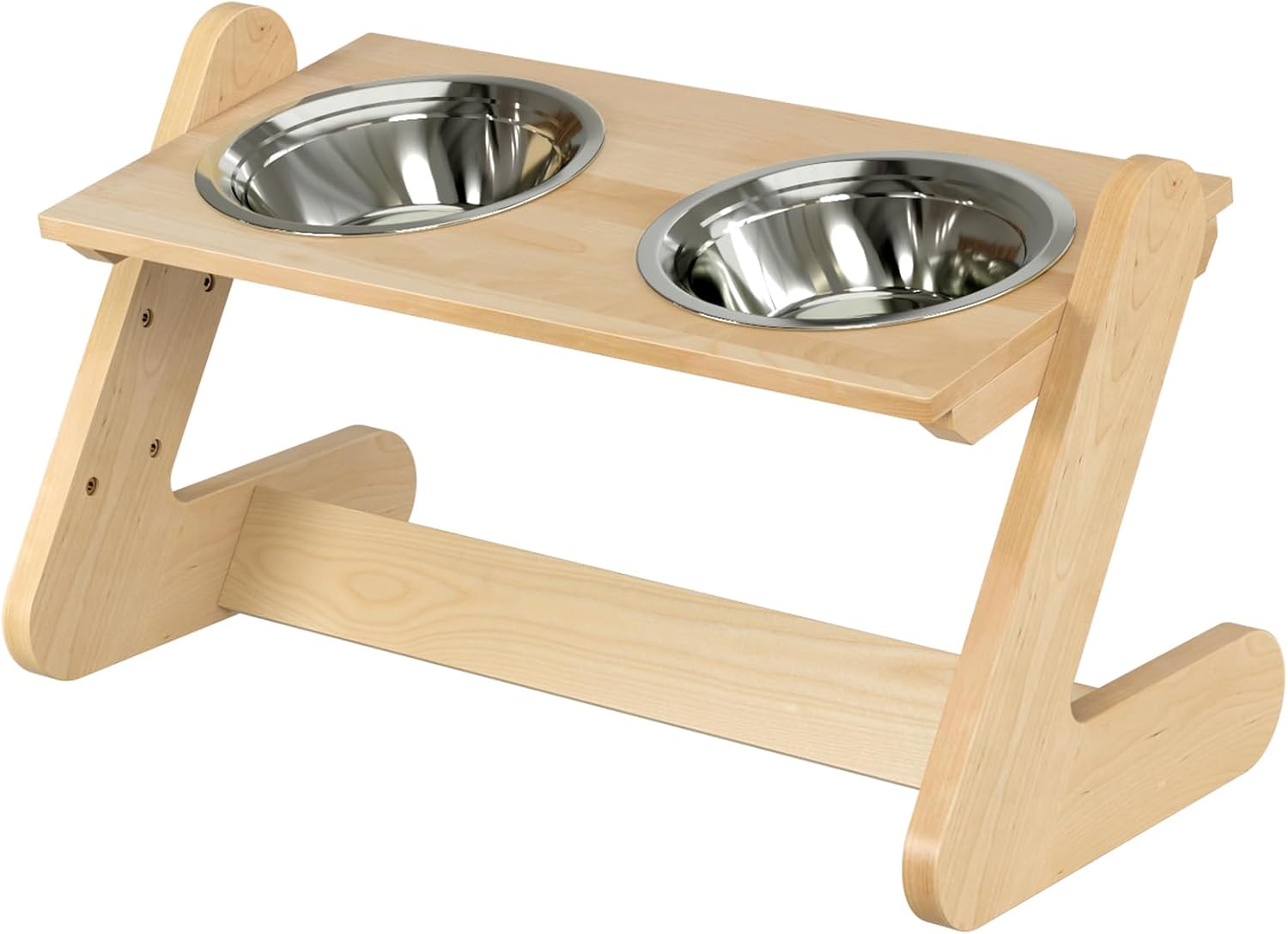 Birch wood elevated dog bowl stand with two stainless steel bowls, adjustable height, modern minimalist design for large dogs — side