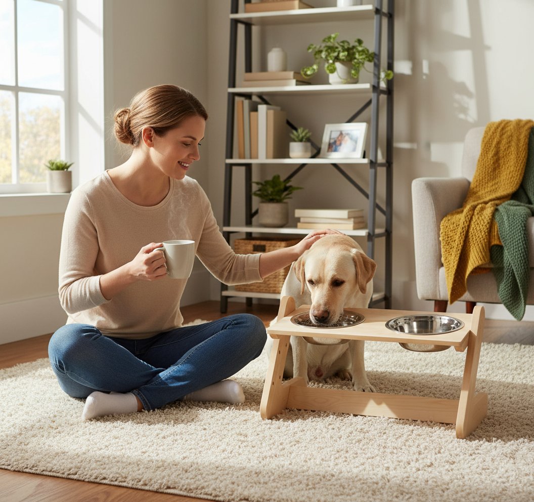 Birch wood elevated dog bowl stand with two stainless steel bowls, adjustable height, modern minimalist design for large dogs — view 1