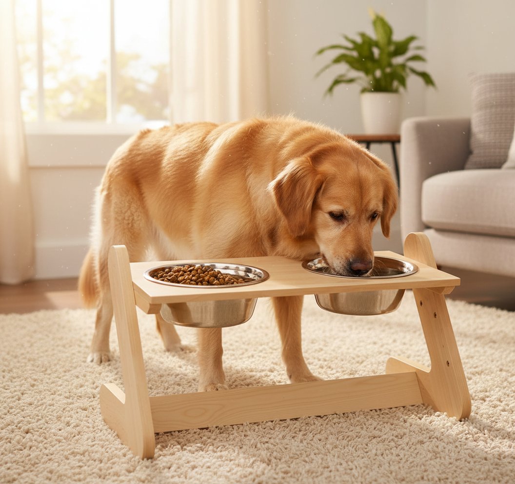 Birch wood elevated dog bowl stand with two stainless steel bowls, adjustable height, modern minimalist design for large dogs — view 3a
