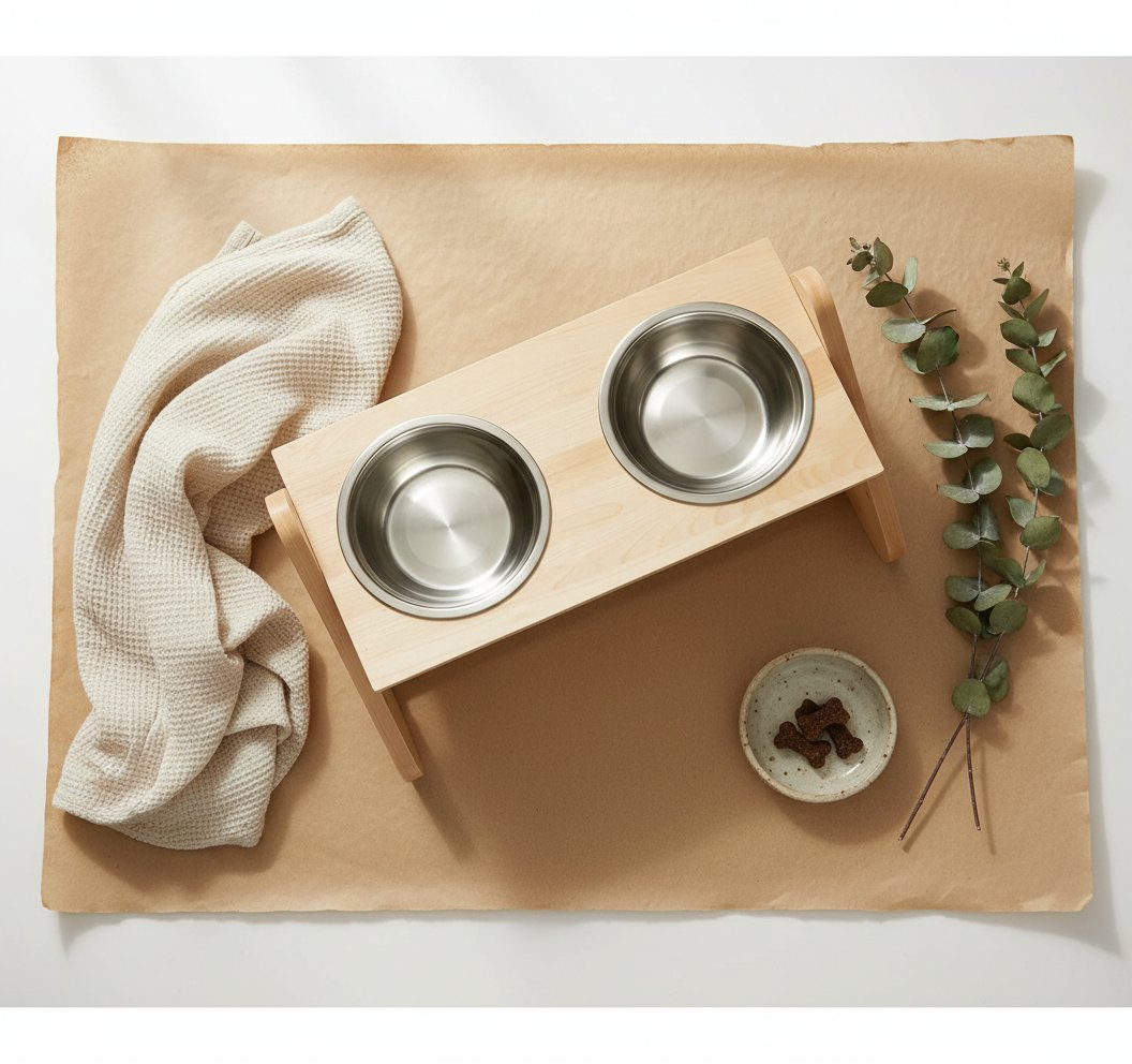 Birch wood elevated dog bowl stand with two stainless steel bowls, adjustable height, modern minimalist design for large dogs — view 7b