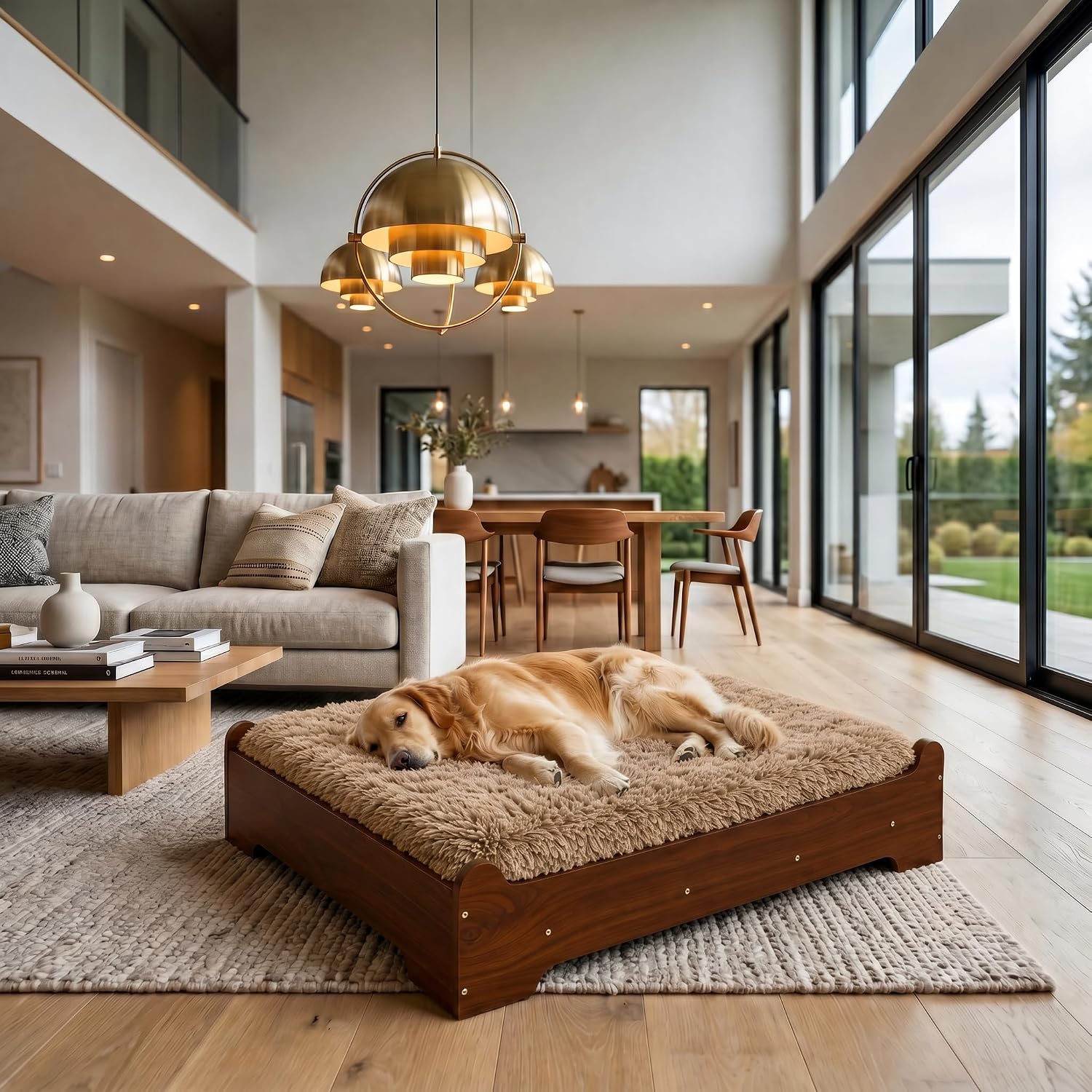 Walnut elevated wooden dog bed with memory foam mattress and washable cover, designed for large and senior dogs — front