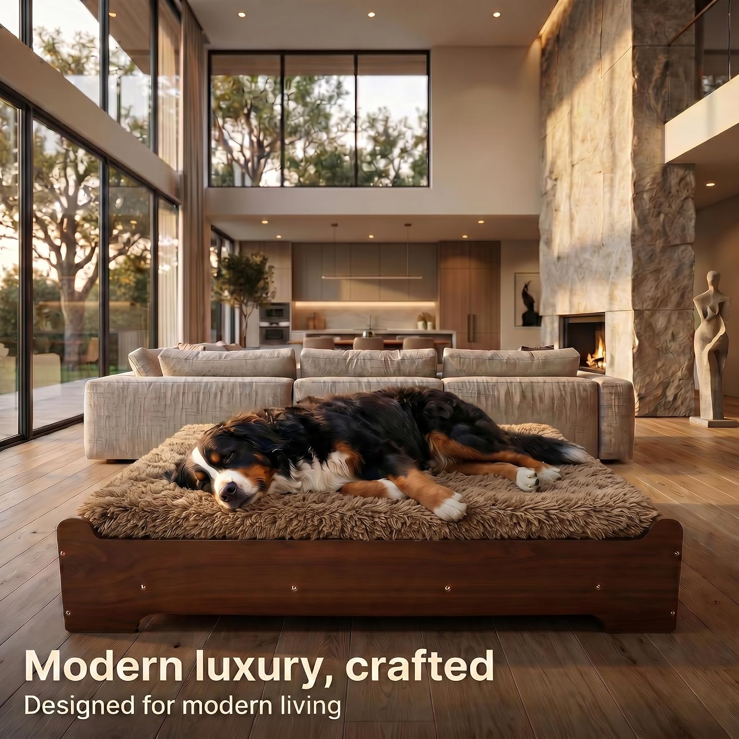 Walnut elevated wooden dog bed with memory foam mattress and washable cover, designed for large and senior dogs — view 2