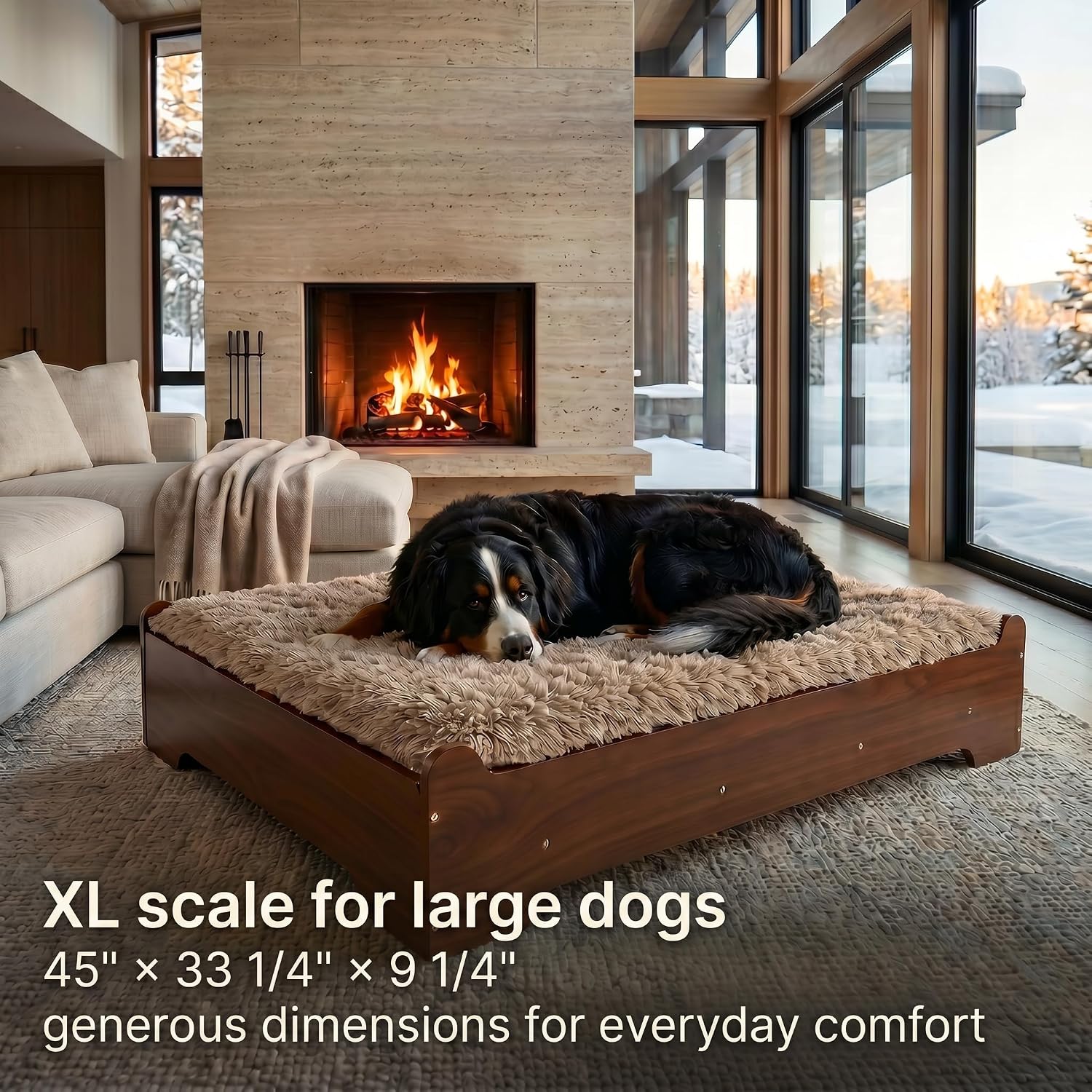 Walnut elevated wooden dog bed with memory foam mattress and washable cover, designed for large and senior dogs — view 3b